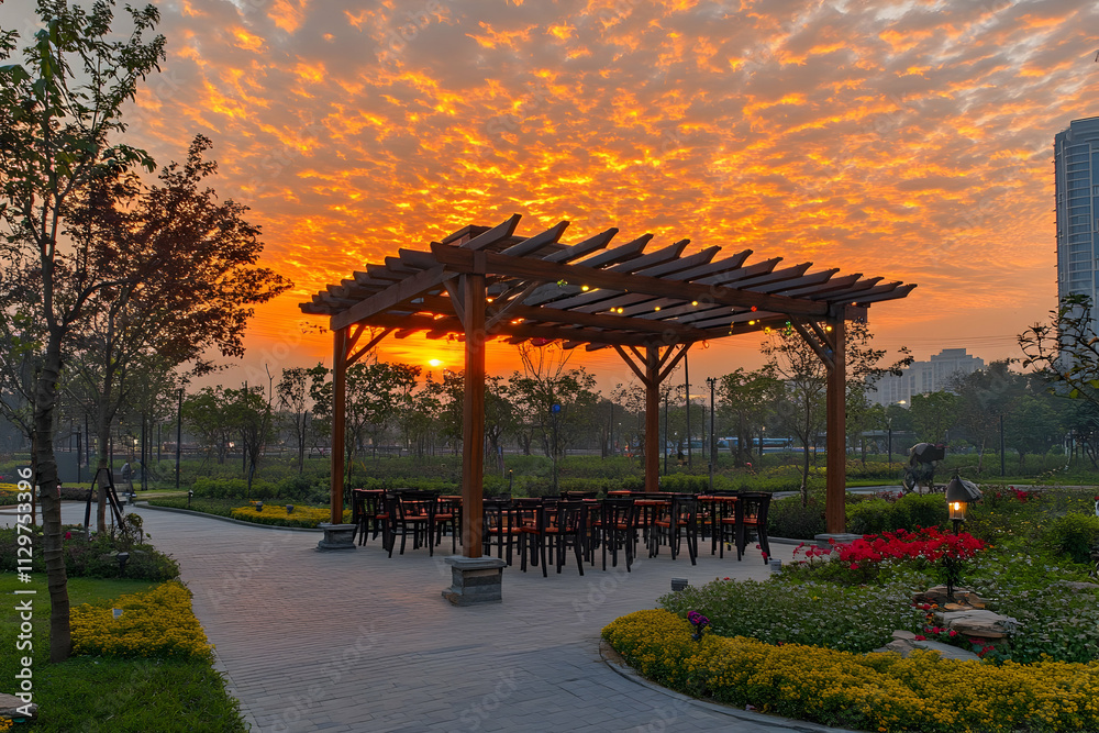 Sunset view of a wooden pergola with seating in a park. Sunset view of a wooden pergola with seating in a park.