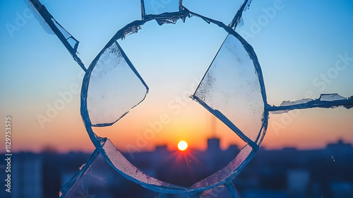 Sunset viewed through a broken window pane.
