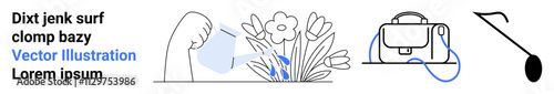 Watering flowers, a laptop bag, and wired headphones. Ideal for gardening tips, travel blogs, tech reviews, lifestyle articles, online shopping, personal blogs. Landing page