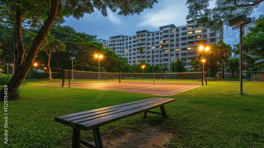 Obraz premium Evening View of a Tennis Court Surrounded by Lush Greenery