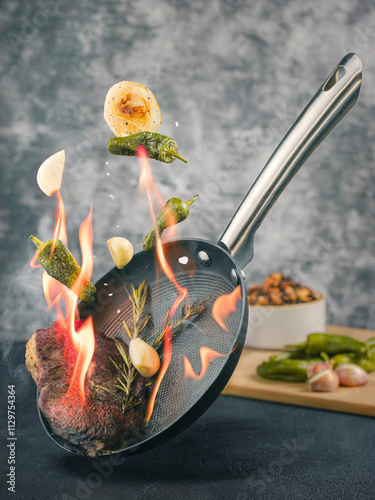 Creative Culinary Art with Flying Food and Fiery Flavors photo