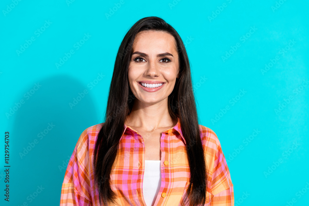 Fototapeta premium Photo portrait of attractive young woman look camera smile dressed stylish plaid clothes isolated on aquamarine color background