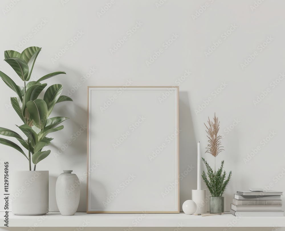 Blank frame mockup on white shelf with plants. vase. candles. and books Blank frame mockup on white shelf with plants. vase. candles. and books
