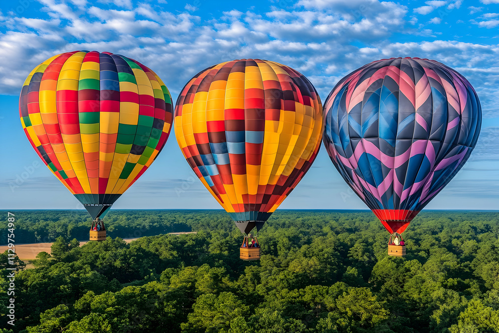 Fototapeta premium Three colorful hot air balloons soar over a lush green forest under a vibrant blue sky.