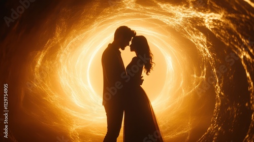 A high angle shot of a solemn moment as two individuals share an emotional connection in a mystical golden realm, surrounded by an ethereal glow with swirling soft light effects, evoking feelings of h photo