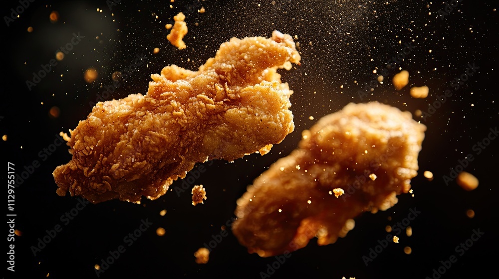 Crispy Fried Chicken Pieces Floating in Air with Seasoned Coating Crispy Fried Chicken Pieces Floating in Air with Seasoned Coating