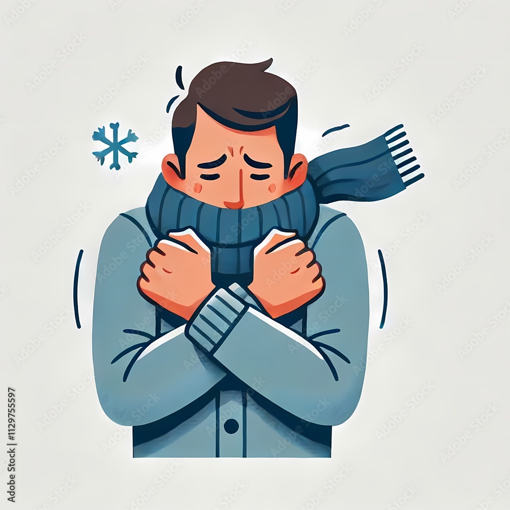 Flat Style Illustration of Man Shivering on White Background Flat Style Illustration of Man Shivering on White Background