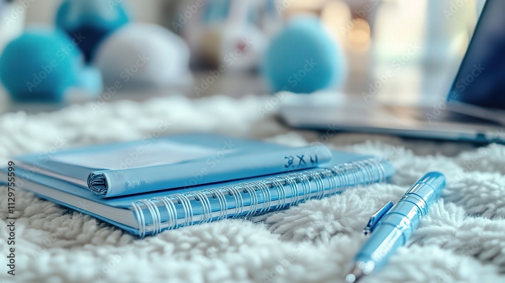 Organized Workspace with Blue Pens and Notebooks on Soft Surface Organized Workspace with Blue Pens and Notebooks on Soft Surface