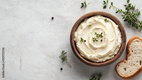 Wallpaper Mural Creamy Spread in Wooden Bowl with Fresh Herbs and Slices of Bread Torontodigital.ca