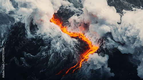 Generative ai on theme of erupting volcano with cascading hot lava surrounded thick white smoke. Eruption. Illustration photo