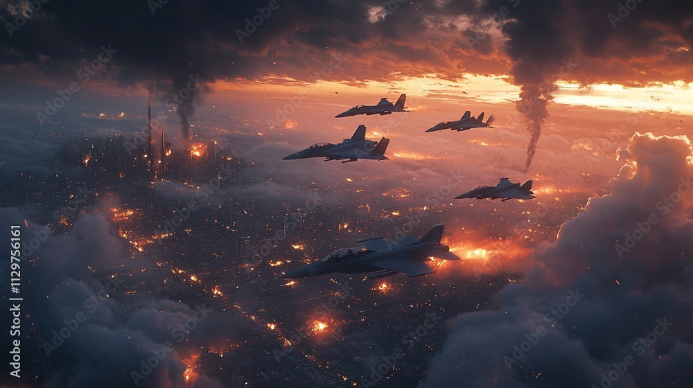 Fototapeta premium Fighter jets fly over burning city at sunset.