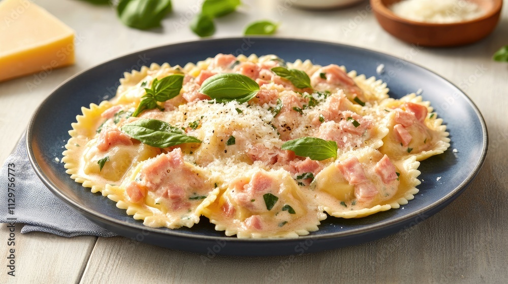Fresh Ravioli with Cream Sauce and Herbs on Blue Plate Fresh Ravioli with Cream Sauce and Herbs on Blue Plate