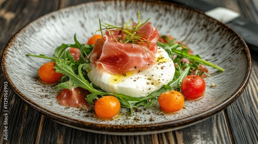 Fresh Salad with Soft Cheese, Cherry Tomatoes, and Prosciutto Fresh Salad with Soft Cheese, Cherry Tomatoes, and Prosciutto