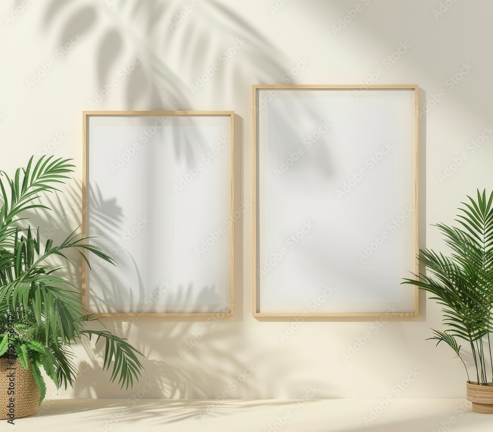Two empty frames with wooden frames on a white wall with tropical plants and sunlight shadows Two empty frames with wooden frames on a white wall with tropical plants and sunlight shadows