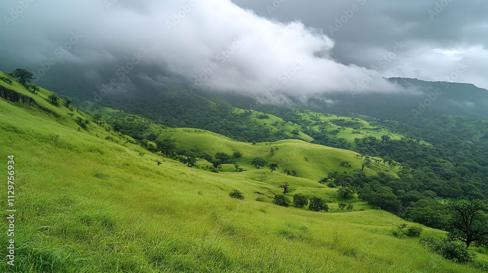 Fototapeta premium Picturesque green valley landscape with rolling grass hills, beautiful mountain scenery under cloudy sky, idyllic rural countryside, field nature environment panorama, sunlit meadows and forests.