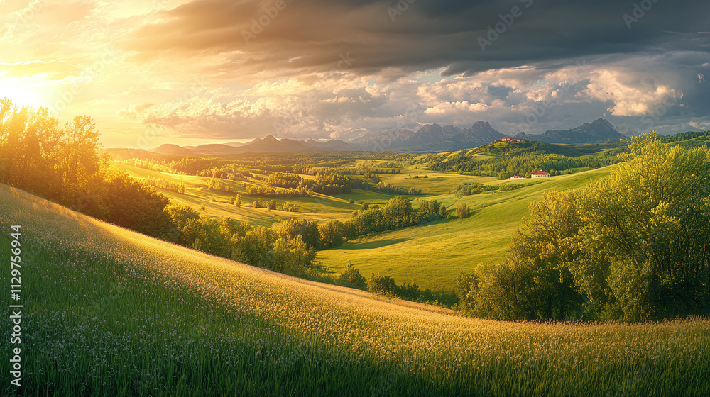 Obraz premium Picturesque green valley landscape with rolling grass hills, beautiful mountain scenery under cloudy sky, idyllic rural countryside, field nature environment panorama, sunlit meadows and forests.
