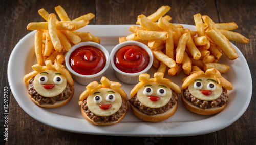 Mini Cheeseburgers with Fun Faces and Curly Fries photo