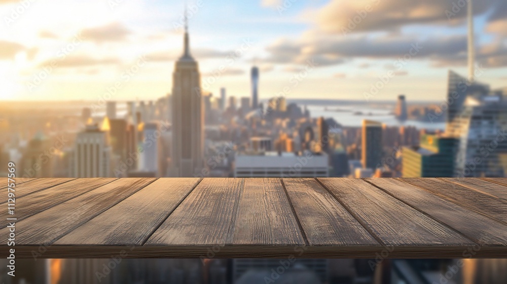 Wooden Table Top with Cityscape View through a Glass Window Wooden Table Top with Cityscape View through a Glass Window