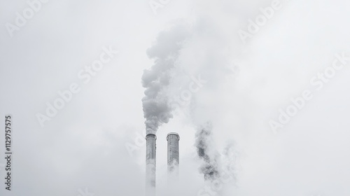 A high angle shot of industrial chimneys releasing dense smoke into the air, set against a stark white background, emphasizing the contrast between man-made pollution and purity photo