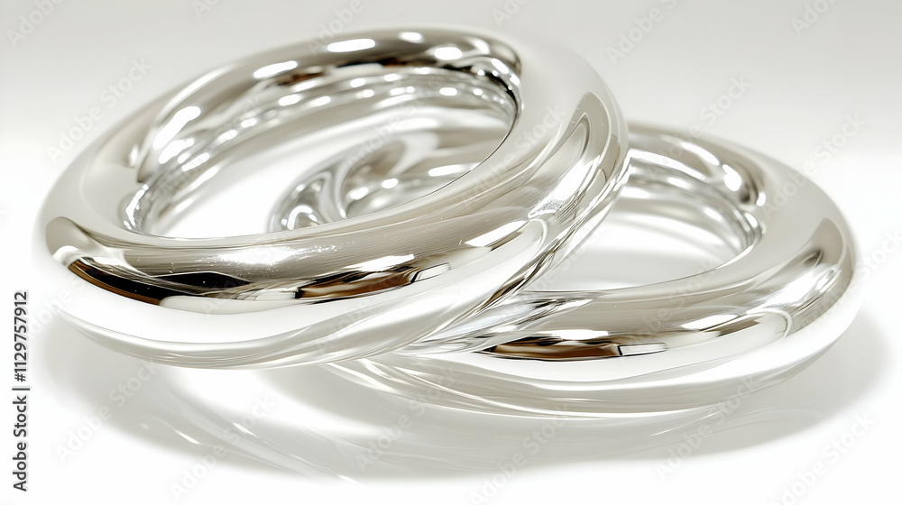 Two intertwined silver rings reflecting light. Two intertwined silver rings reflecting light.