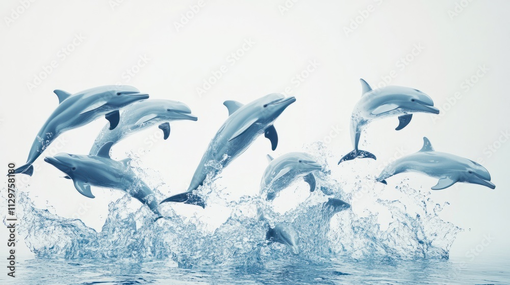 Fototapeta premium A group of playful 3D dolphins jumping together, creating a lively underwater scene, on white