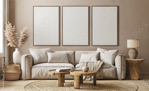 A cozy living room with a white sofa. three empty picture frames. a wooden coffee table. and a vase of dried pampas grass
