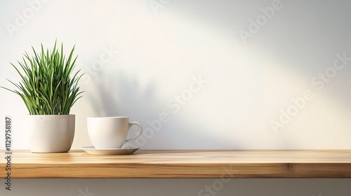 Wallpaper Mural Modern Wooden Desk with Potted Plant and Coffee Cup on Surface Torontodigital.ca