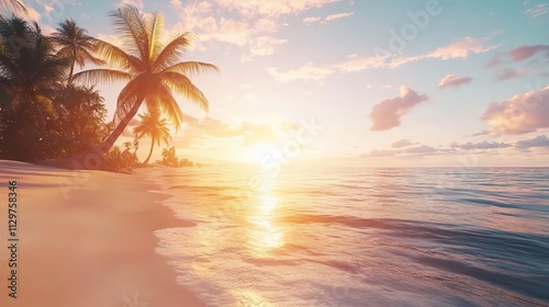 Serene Tropical Beach at Sunset with Calm Waves and Palm Trees
