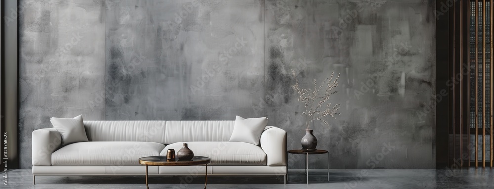 Modern minimalist living room with a white sofa. coffee table and vase on a grey concrete wall Modern minimalist living room with a white sofa. coffee table and vase on a grey concrete wall