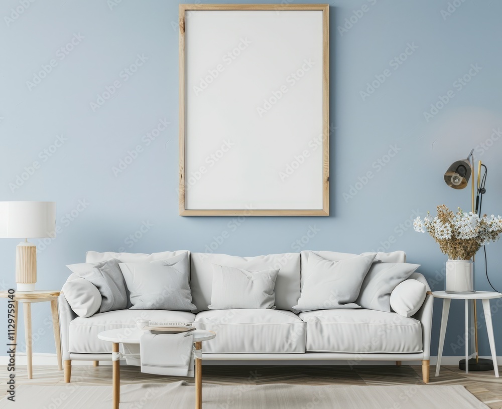 A minimalist living room with a white sofa. wooden coffee table. and a framed mockup poster against a light blue wall