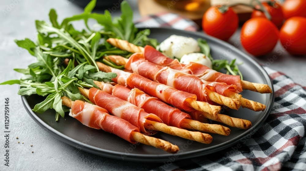 Savory Ham-Wrapped Grissini Sticks with Fresh Greens and Tomatoes Savory Ham-Wrapped Grissini Sticks with Fresh Greens and Tomatoes