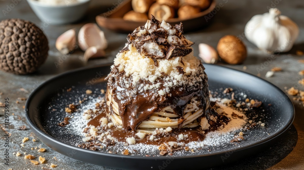 Indulgent Chocolate Layered Dessert with Toppings and Garnish Indulgent Chocolate Layered Dessert with Toppings and Garnish