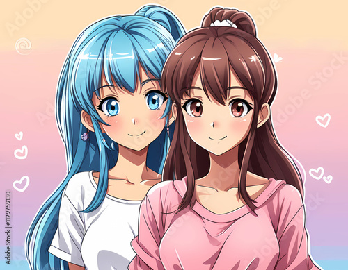 Two Anime Girls with Affectionate Expression - Generative Ai