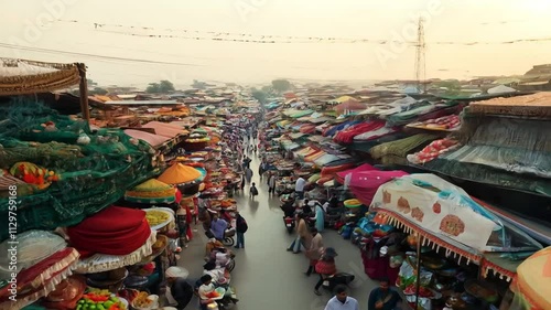 Crowds navigating busy street market