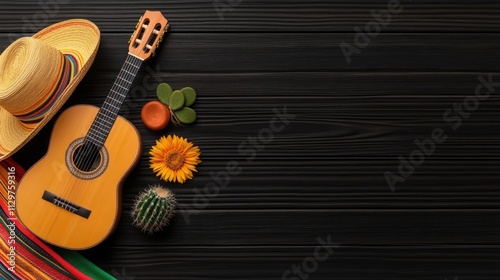 Sombrero, guitar, cactus, sunflower, and maracas on dark wood. photo