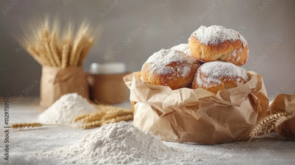 Freshly Baked Bread Rolls with Flour and Wheat Background Freshly Baked Bread Rolls with Flour and Wheat Background