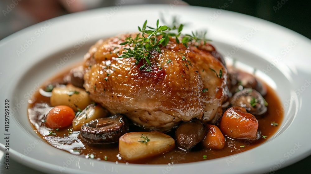 Roasted chicken with vegetables in brown sauce on a white plate. Roasted chicken with vegetables in brown sauce on a white plate.