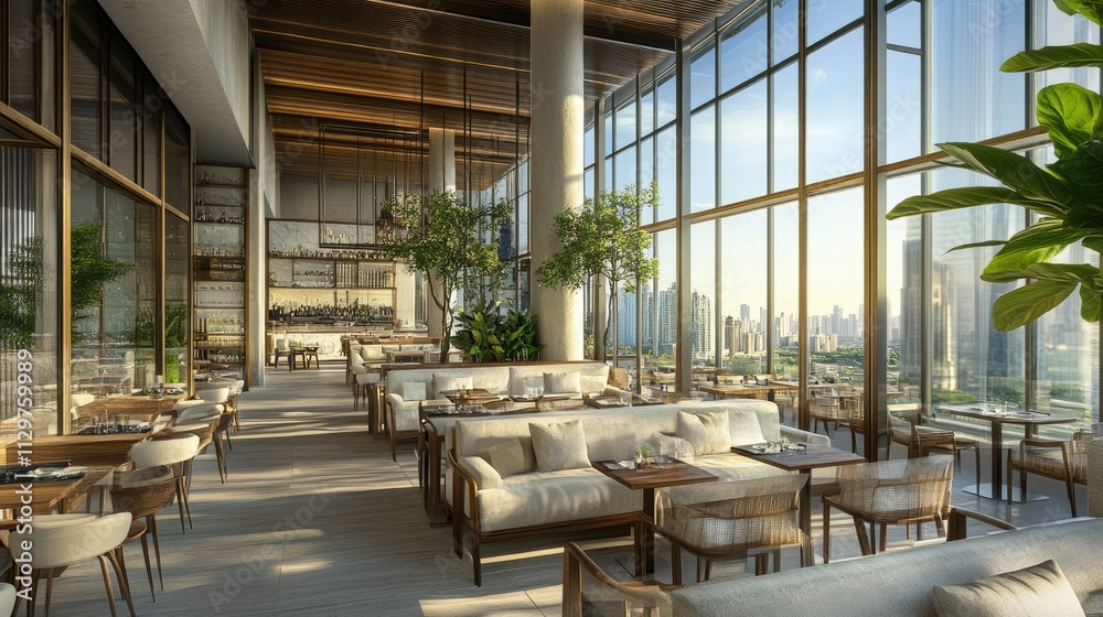 Elegant modern restaurant interior with panoramic city views Elegant modern restaurant interior with panoramic city views