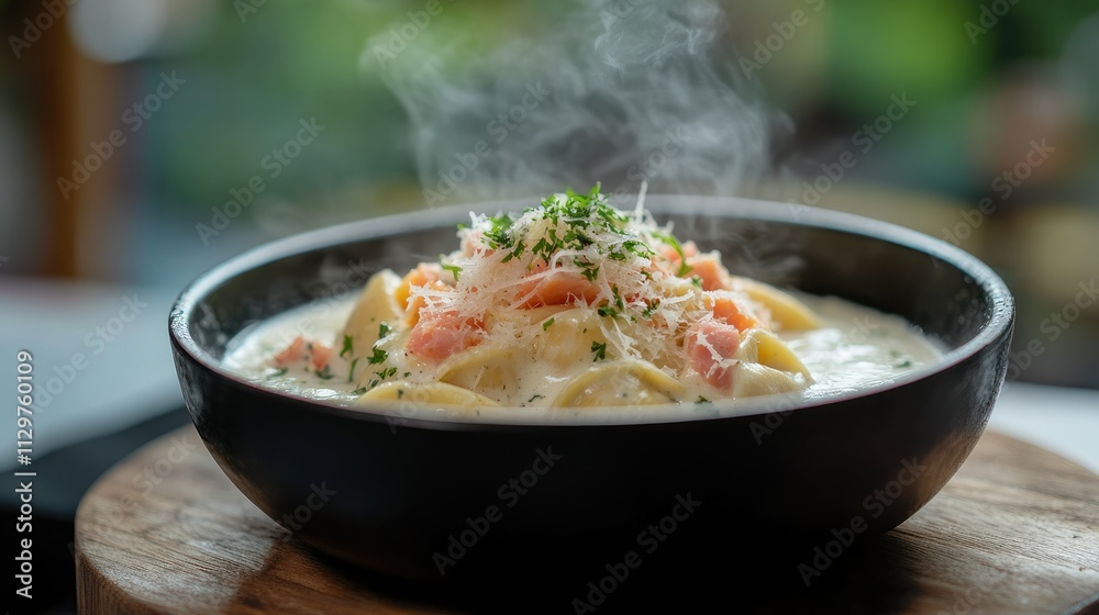 Creamy pasta dish with herbs and smoke in a rustic bowl setting Creamy pasta dish with herbs and smoke in a rustic bowl setting