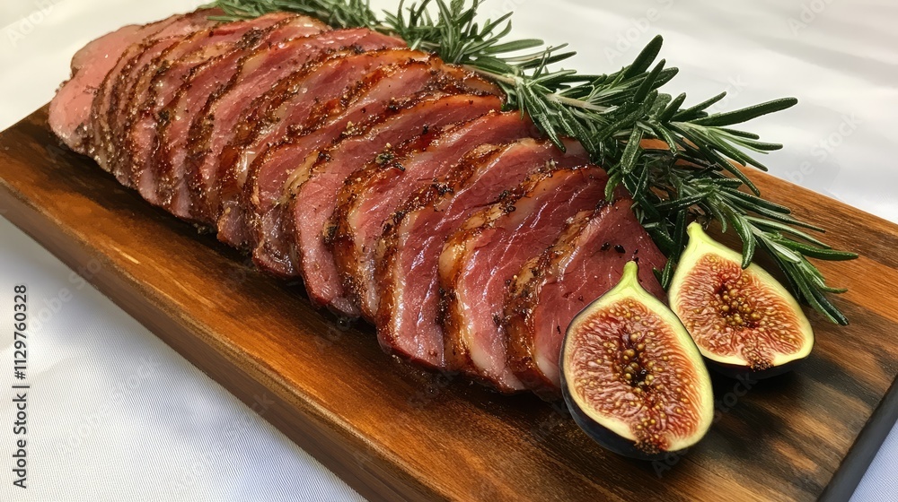Sliced Beef with Rosemary and Fresh Figs on Wooden Platter Sliced Beef with Rosemary and Fresh Figs on Wooden Platter