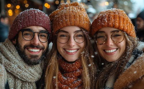 Christmas Friends Group Selfie Celebrating Winter Holidays Outdoors at Night with Santa Hats and Joyful Expressions