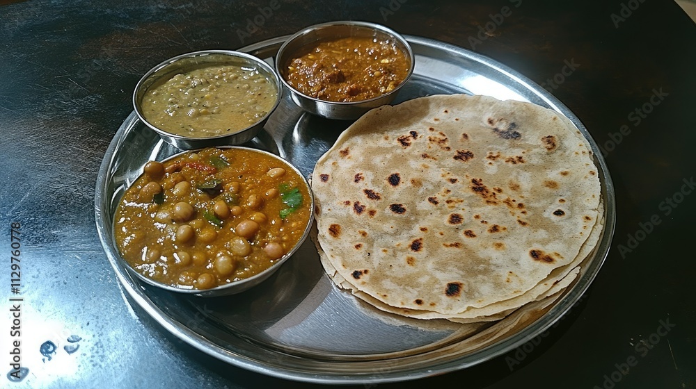 Traditional Indian Meal with Bowls of Curry and Fresh Flatbread Traditional Indian Meal with Bowls of Curry and Fresh Flatbread