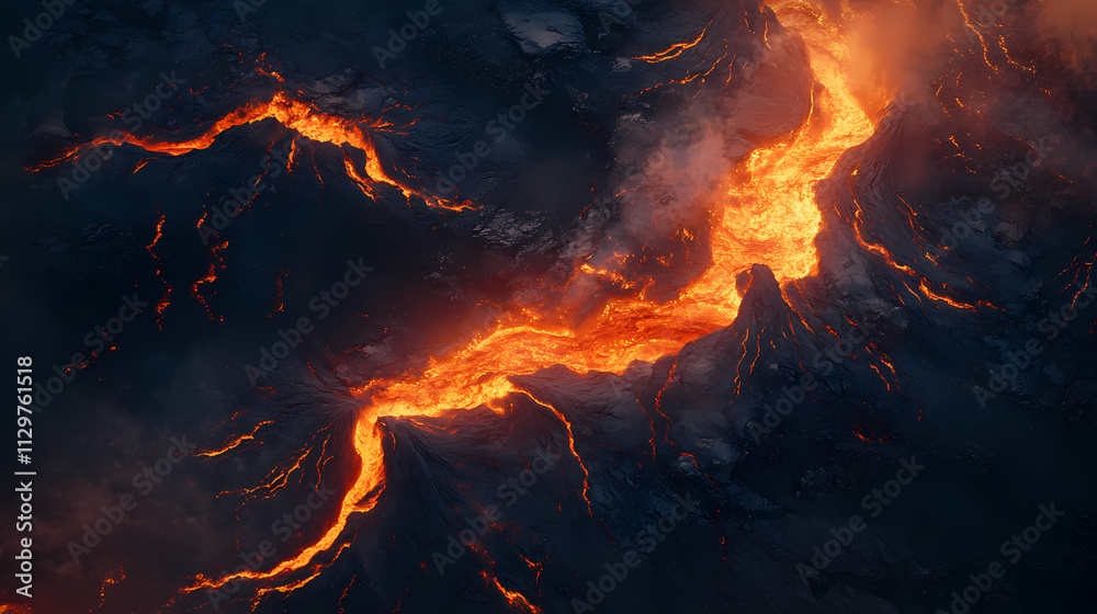 A top view of a volcanic eruption with molten lava flowing down the mountain's slope at dusk. Eruption. Illustration A top view of a volcanic eruption with molten lava flowing down the mountain's slope at dusk. Eruption. Illustration