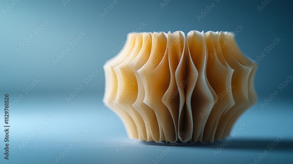Close-up of a beige pleated paper structure on a blue background. Close-up of a beige pleated paper structure on a blue background.