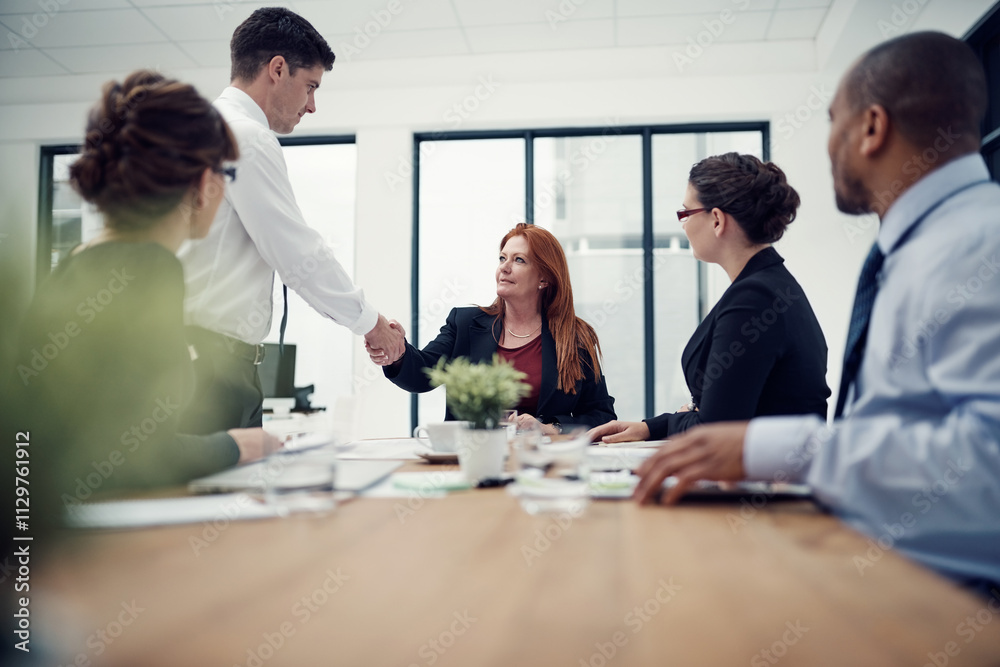 Obraz premium Business people, handshake and success for deal with welcome, agreement and diversity in office. Women, men and teamwork as thank you for onboarding, partnership or negotiation in meeting for company