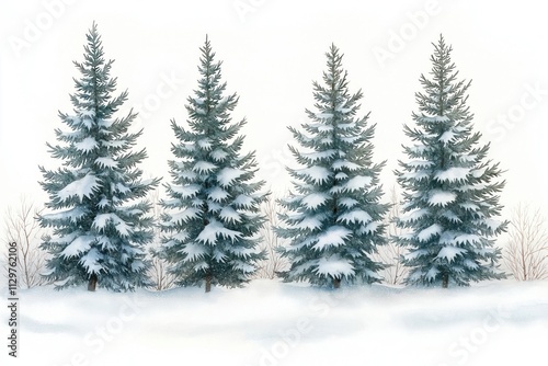 Hand-drawn winter scene shows snowy spruce trees in forest. Snow covers trees branches creating peaceful winter landscape. Soft watercolor style creates serene, quiet atmosphere. Illustration