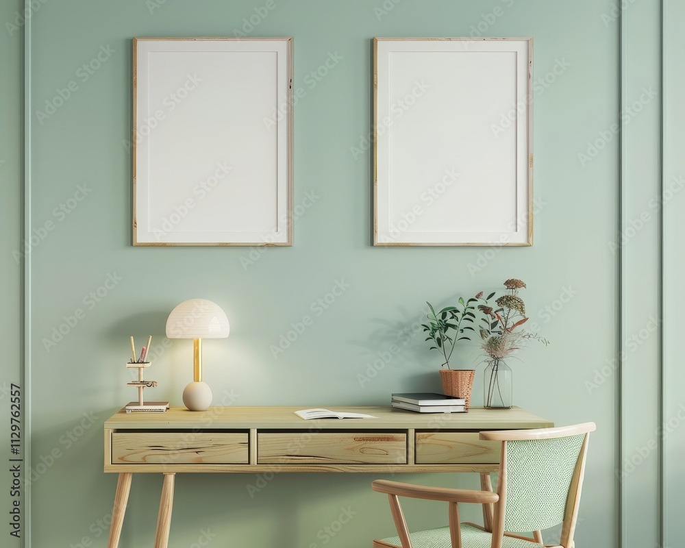 Two blank frames hang above a wooden desk with a chair. lamp. and plant on a light green wall Two blank frames hang above a wooden desk with a chair. lamp. and plant on a light green wall