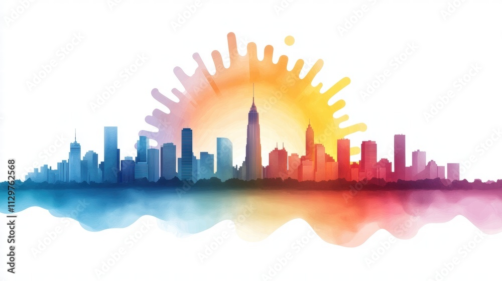 Obraz premium Vibrant Cityscape Sunrise Urban Skyline Watercolor Colorful Buildings