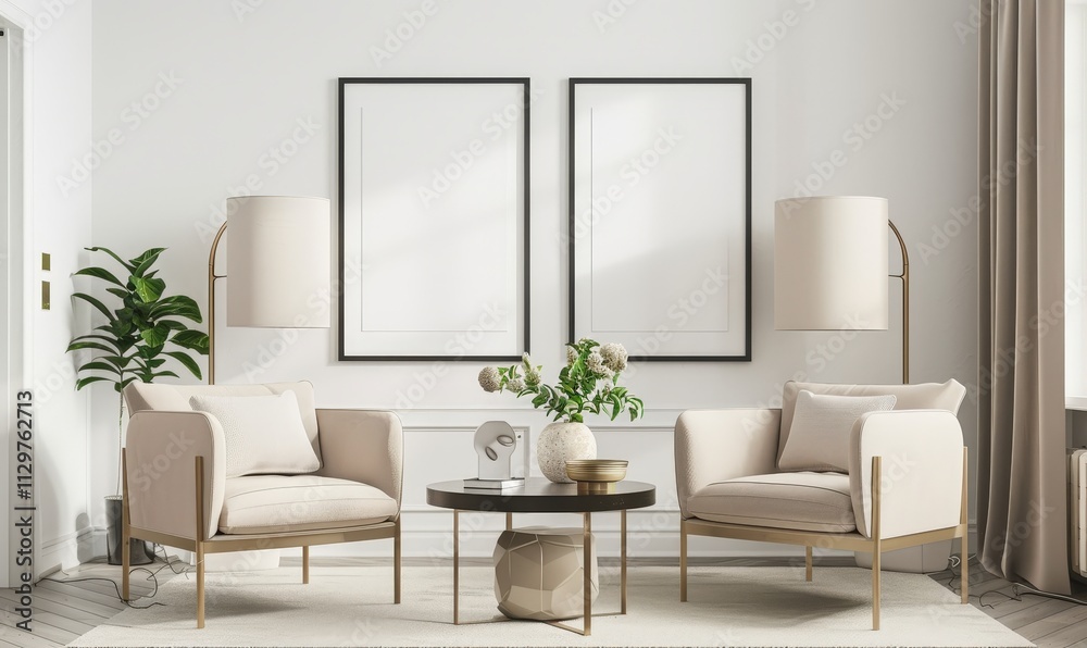 Two beige armchairs with gold trim face a round coffee table in a minimalist living room There are two black framed pictures on the wall behind them. and two lamps on either side of the chairs A rug c Two beige armchairs with gold trim face a round coffee table in a minimalist living room There are two black framed pictures on the wall behind them. and two lamps on either side of the chairs A rug c