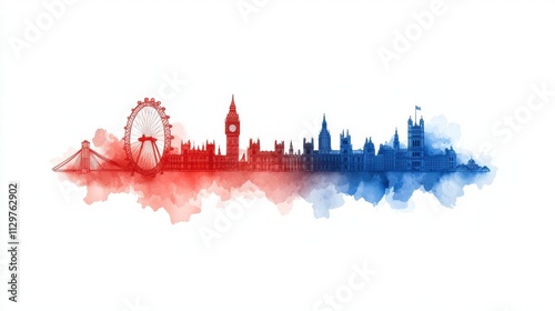 London Skyline Watercolor Big Ben Houses of Parliament Eye